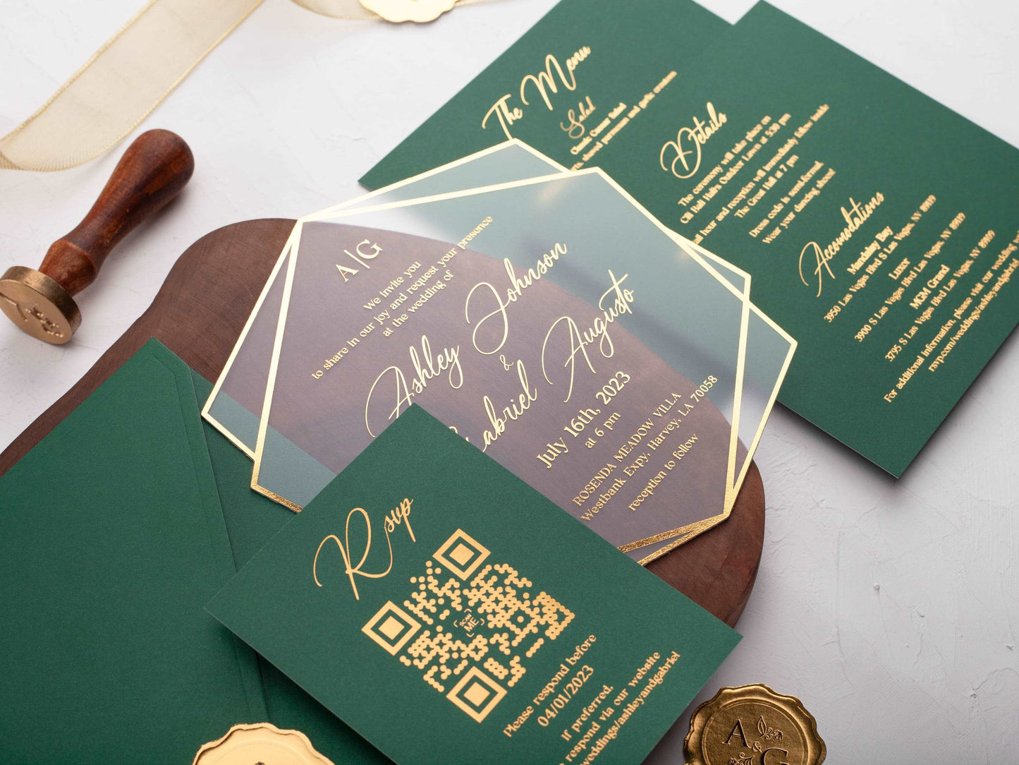 Emerald Green Acrylic Wedding Invitation with Gold Foil Print