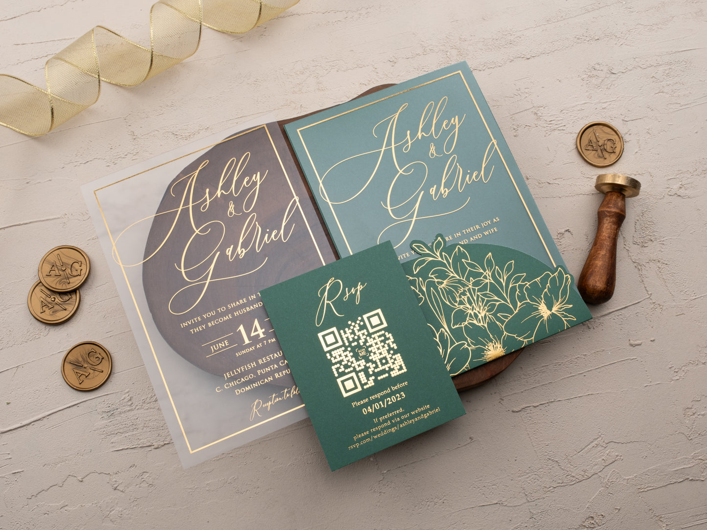 Emerald Green and Gold Floral Acrylic Wedding Invitation