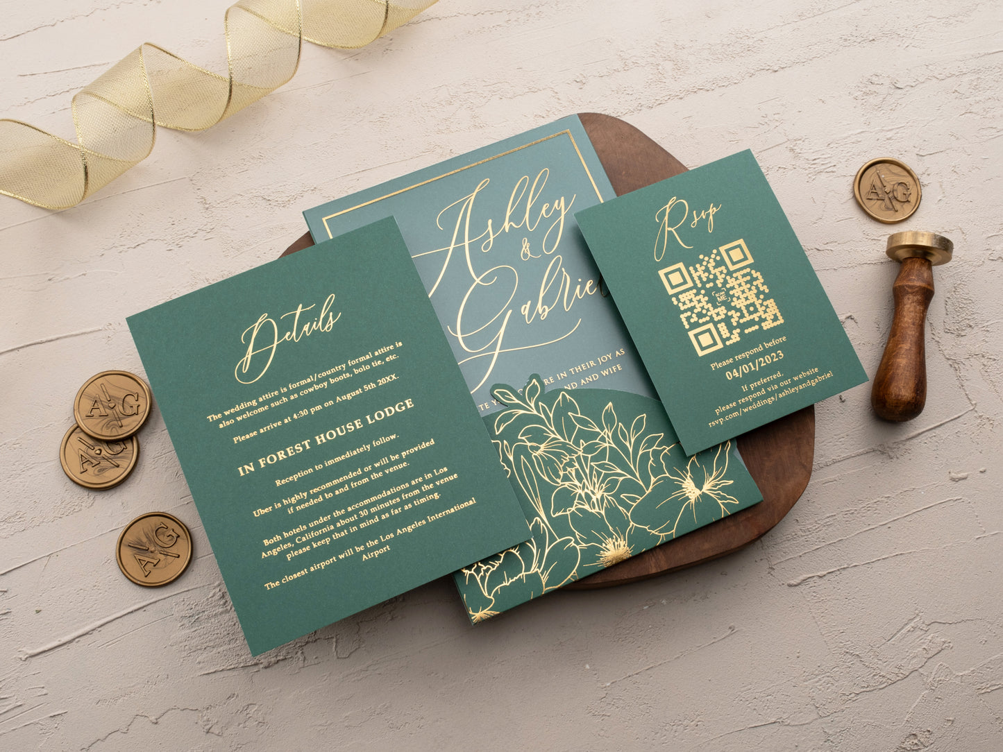 Emerald Green and Gold Floral Acrylic Wedding Invitation