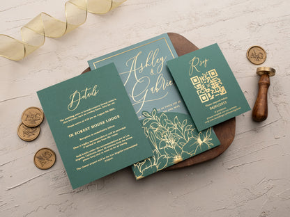 Emerald Green and Gold Floral Acrylic Wedding Invitation