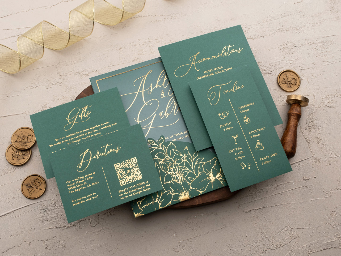 Emerald Green and Gold Floral Acrylic Wedding Invitation