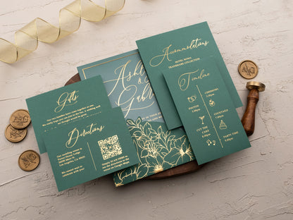 Emerald Green and Gold Floral Acrylic Wedding Invitation