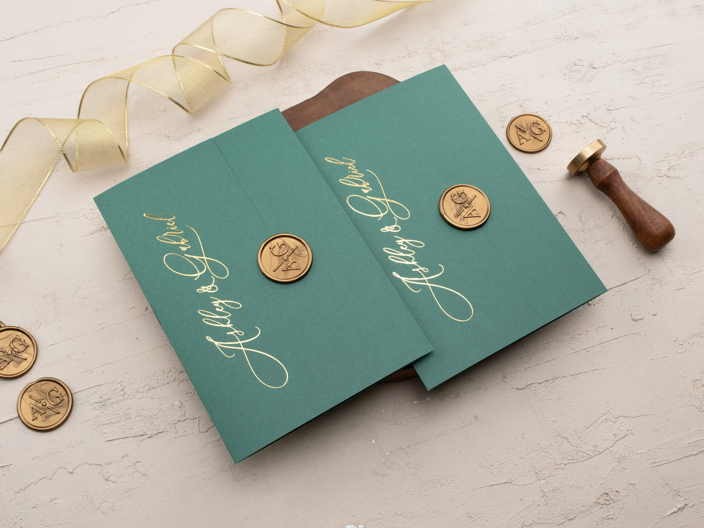 Emerald Green and Gold Foil Acrylic Wedding Invitation with Gatefold Jacket