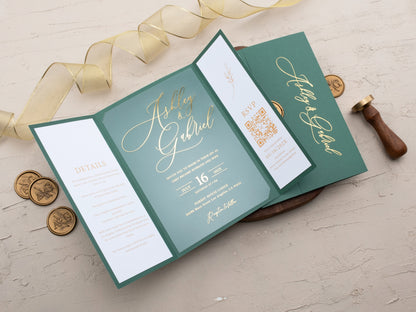 Emerald Green and Gold Foil Acrylic Wedding Invitation with Gatefold Jacket