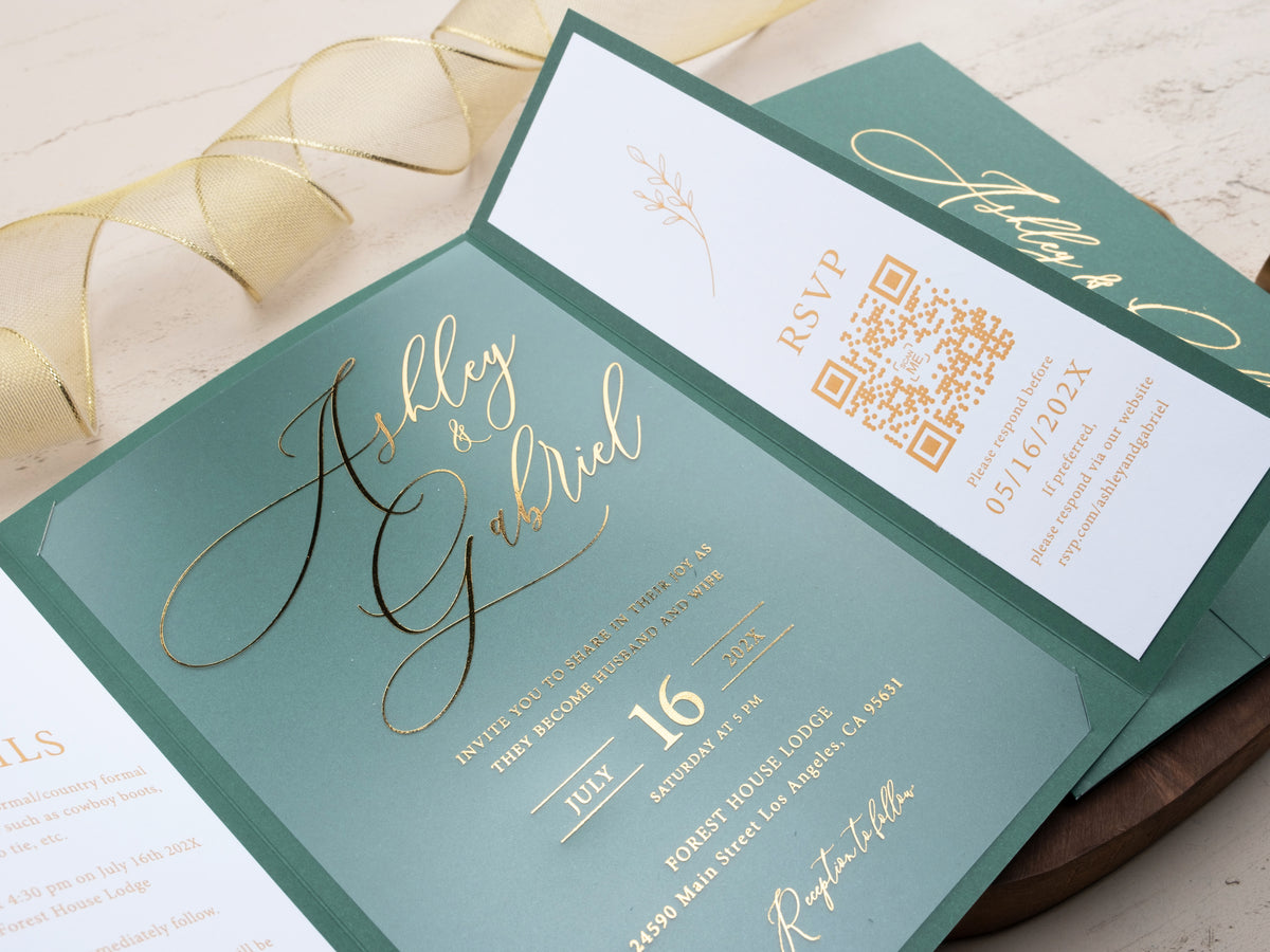 Emerald Green and Gold Foil Acrylic Wedding Invitation with Gatefold J