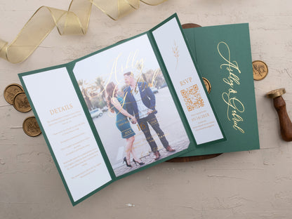 Emerald Green and Gold Foil Acrylic Wedding Invitation with Gatefold Jacket