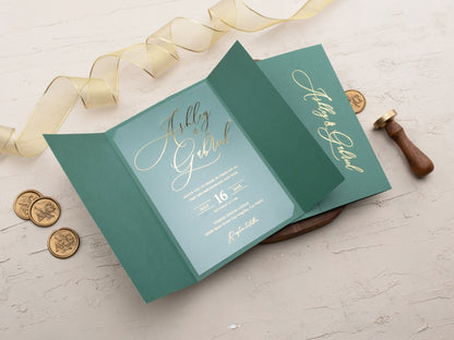 Emerald Green and Gold Foil Acrylic Wedding Invitation with Gatefold Jacket