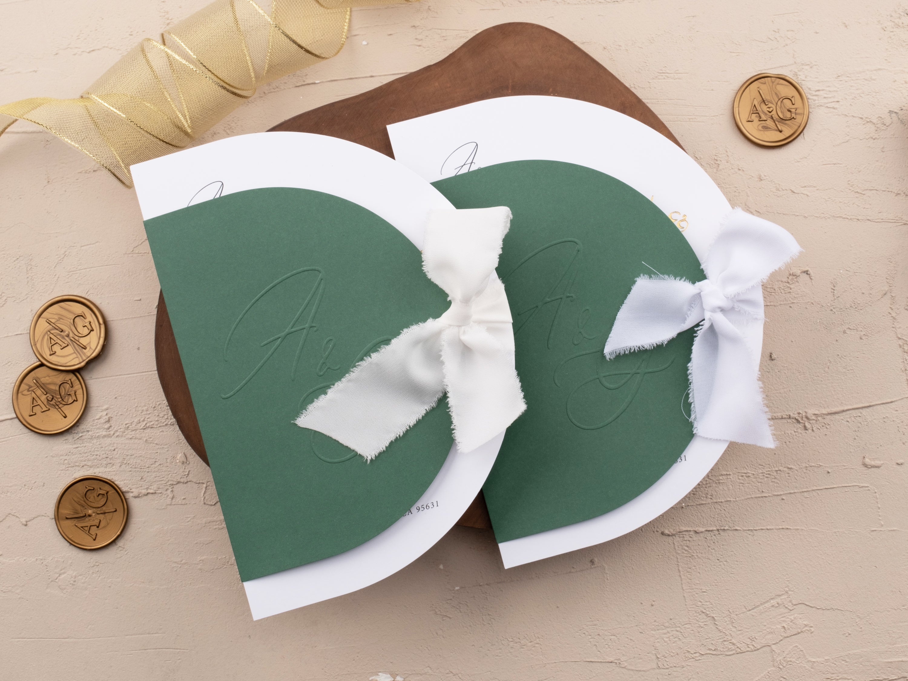 Emerald Green & Gold Foil Wedding Invitation with Embossed Initials
