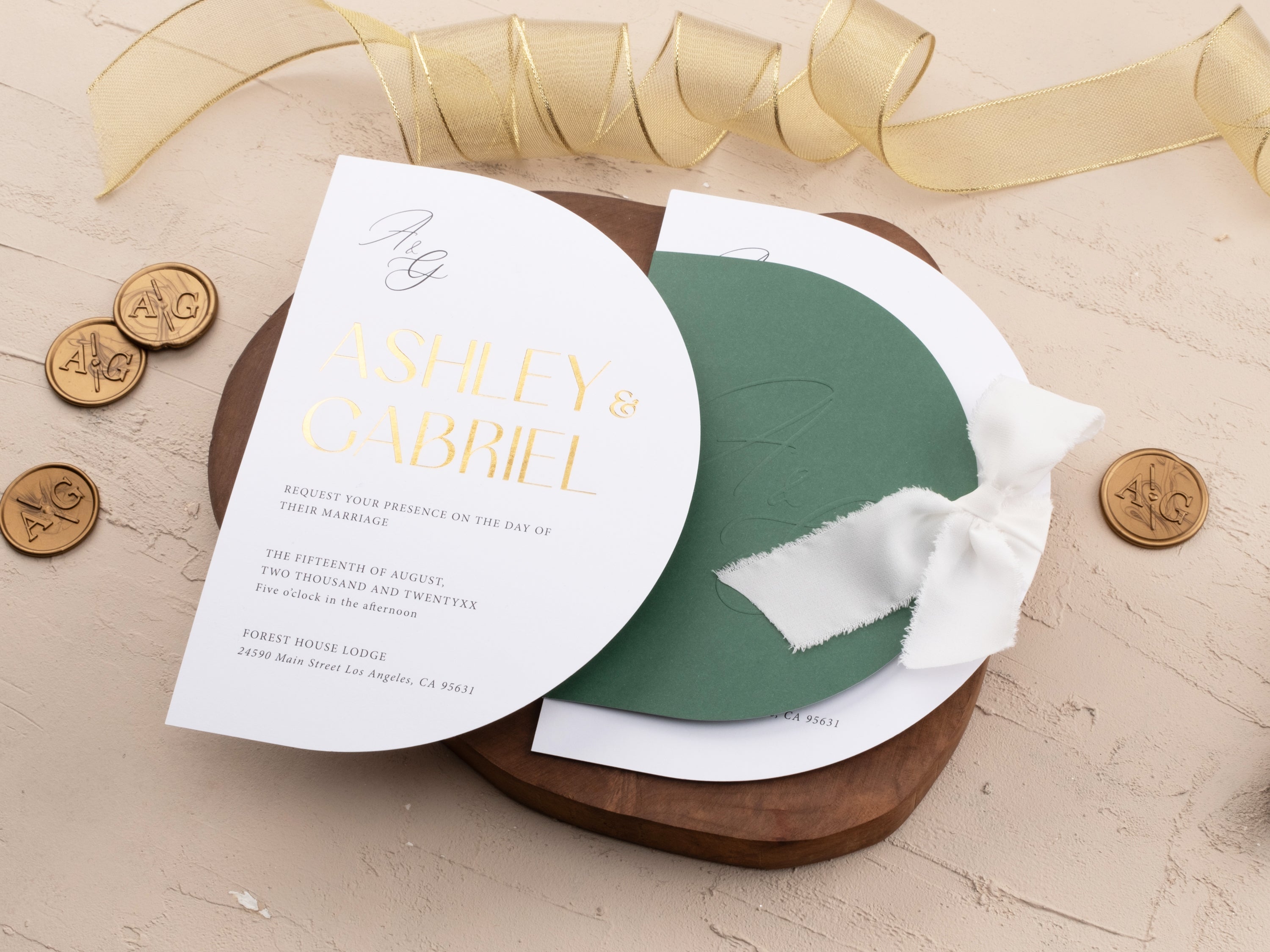 Emerald Green & Gold Foil Wedding Invitation with Embossed Initials
