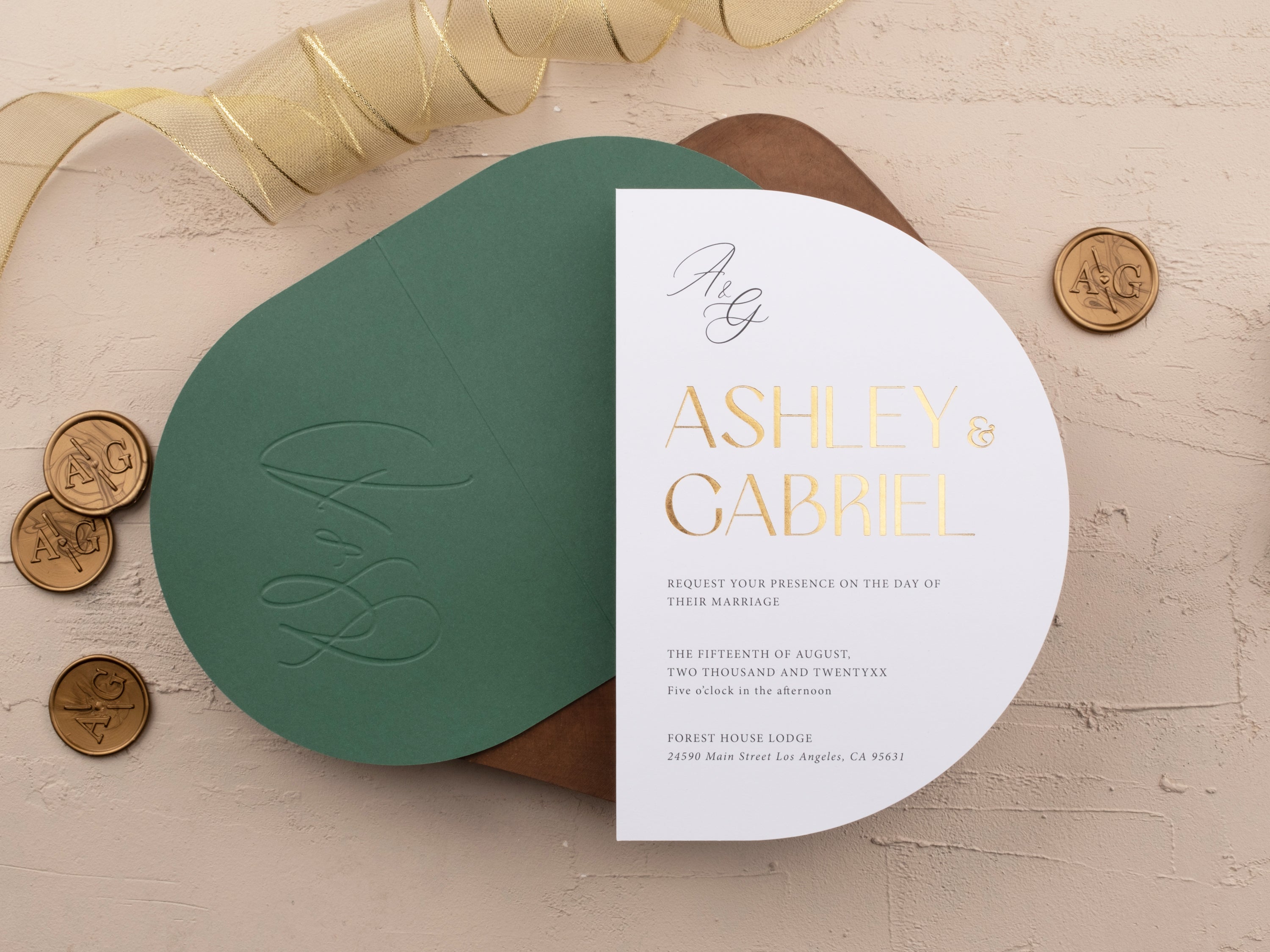 Emerald Green & Gold Foil Wedding Invitation with Embossed Initials
