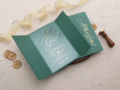 Emerald Green and Gold Foil Trifold Acrylic Wedding Invitation