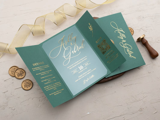 Emerald Green and Gold Foil Trifold Acrylic Wedding Invitation