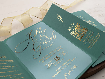 Emerald Green and Gold Foil Trifold Acrylic Wedding Invitation