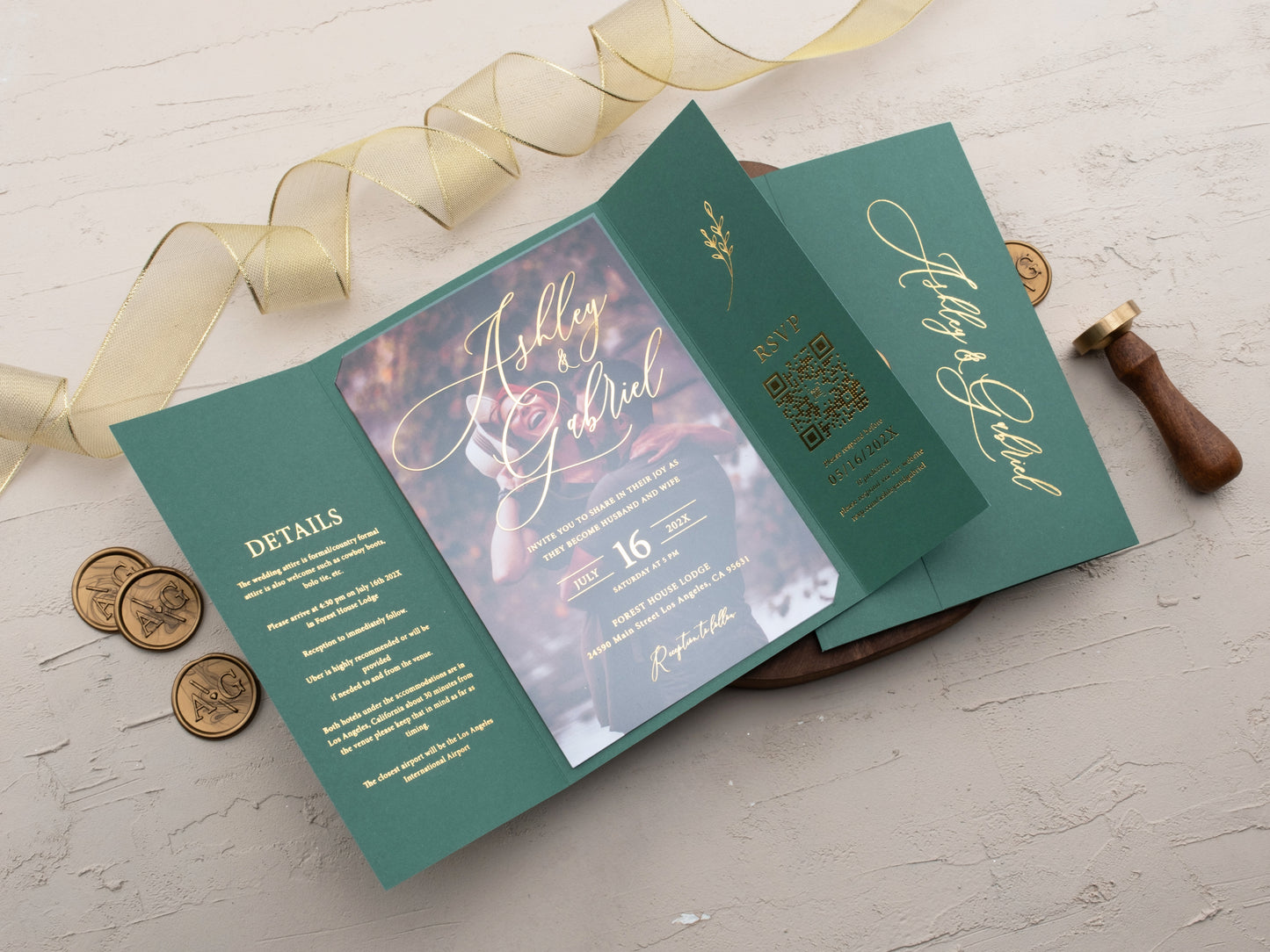 Emerald Green and Gold Foil Trifold Acrylic Wedding Invitation