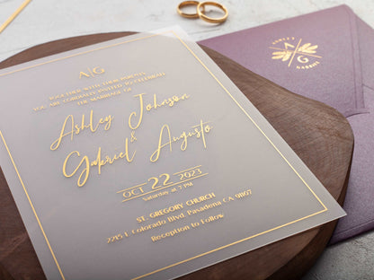 Elegant Gold Foil Printed Acrylic Wedding Invitation with Purple Envelope