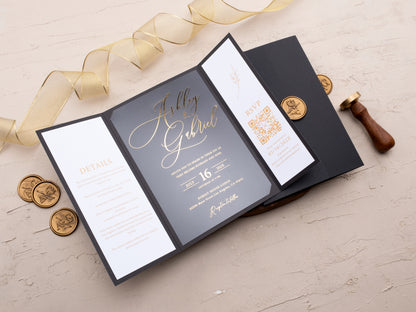 Elegant Gatefold Black and Gold Foil Acrylic Wedding Invitation