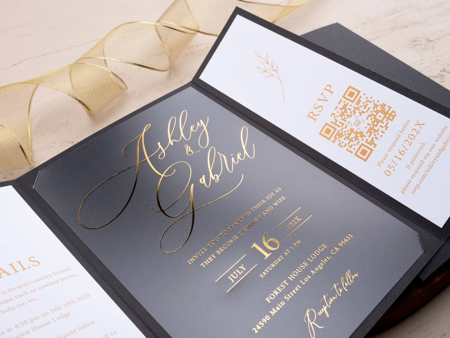 Elegant Gatefold Black and Gold Foil Acrylic Wedding Invitation