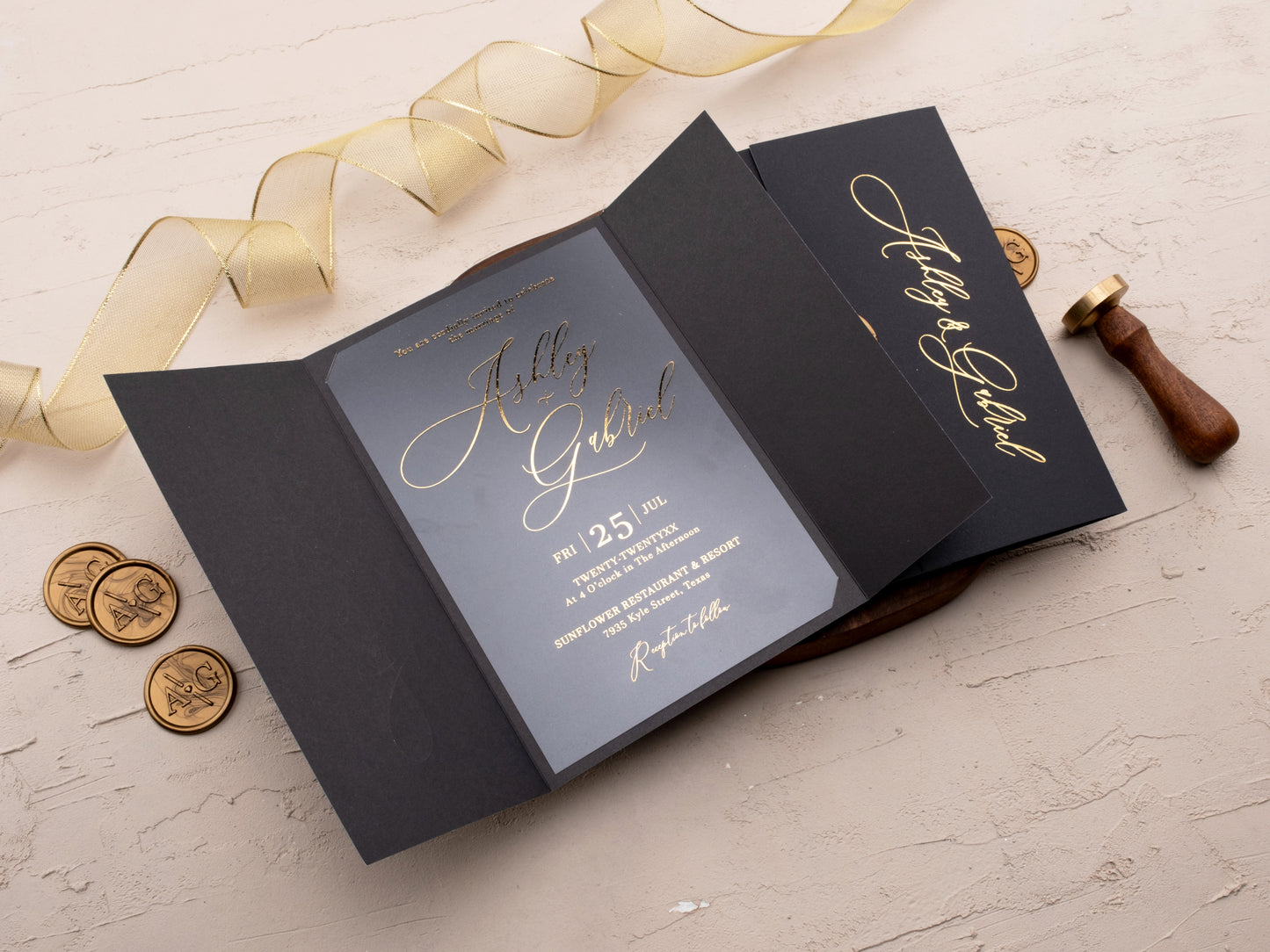 Elegant Gatefold Black and Gold Foil Acrylic Wedding Invitation