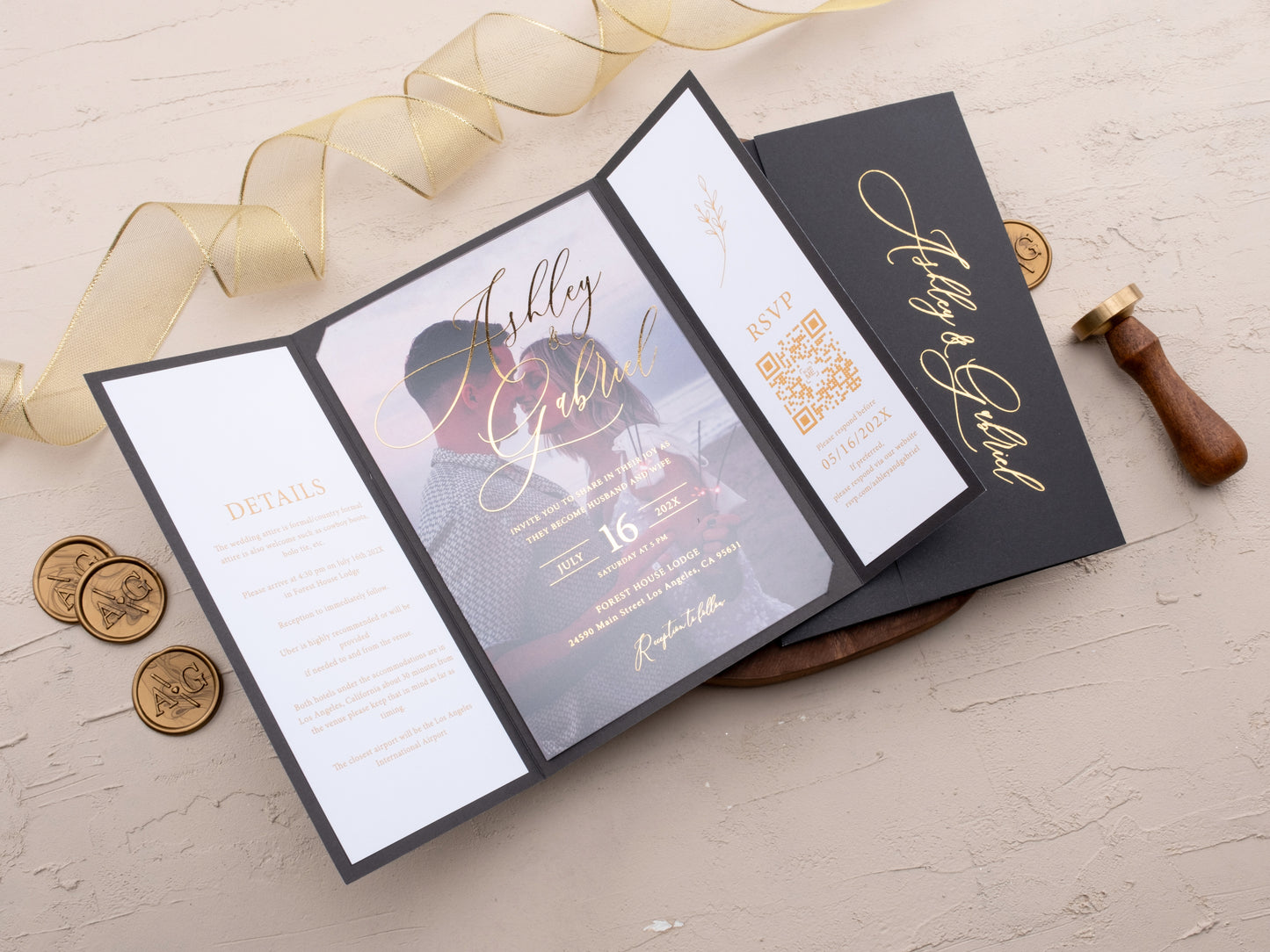 Elegant Gatefold Black and Gold Foil Acrylic Wedding Invitation