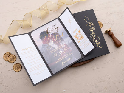 Elegant Gatefold Black and Gold Foil Acrylic Wedding Invitation