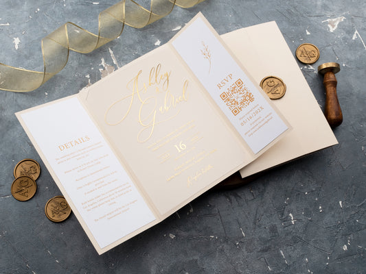 Luxury Gatefold Ivory and Gold Foil Acrylic Wedding Invitation