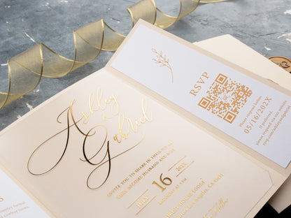 Luxury Gatefold Ivory and Gold Foil Acrylic Wedding Invitation