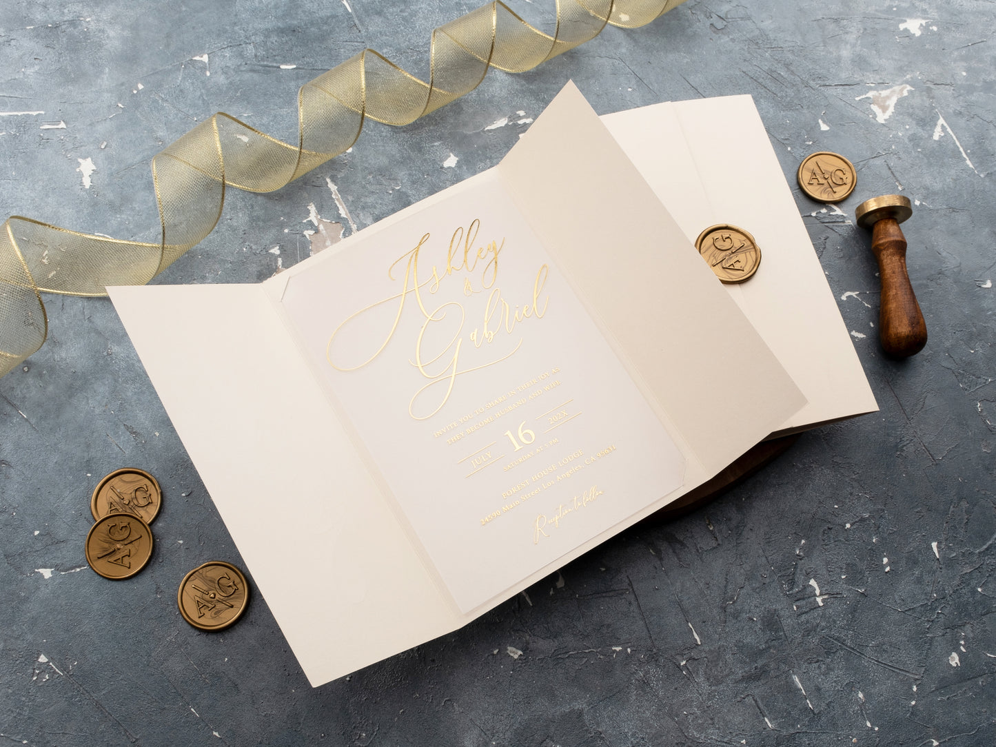 Luxury Gatefold Ivory and Gold Foil Acrylic Wedding Invitation