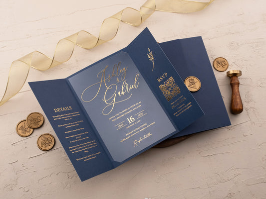 Gatefold Navy Blue and Gold Foil Acrylic Wedding Invitation