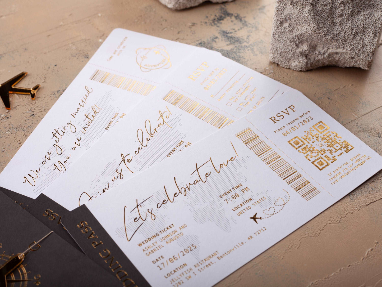 Black Passport Wedding Invitation with Gold Foil