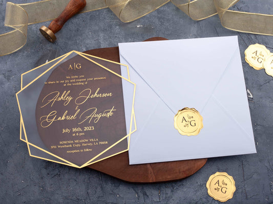 Gold Foil Printed Acrylic Invitation with White Envelope