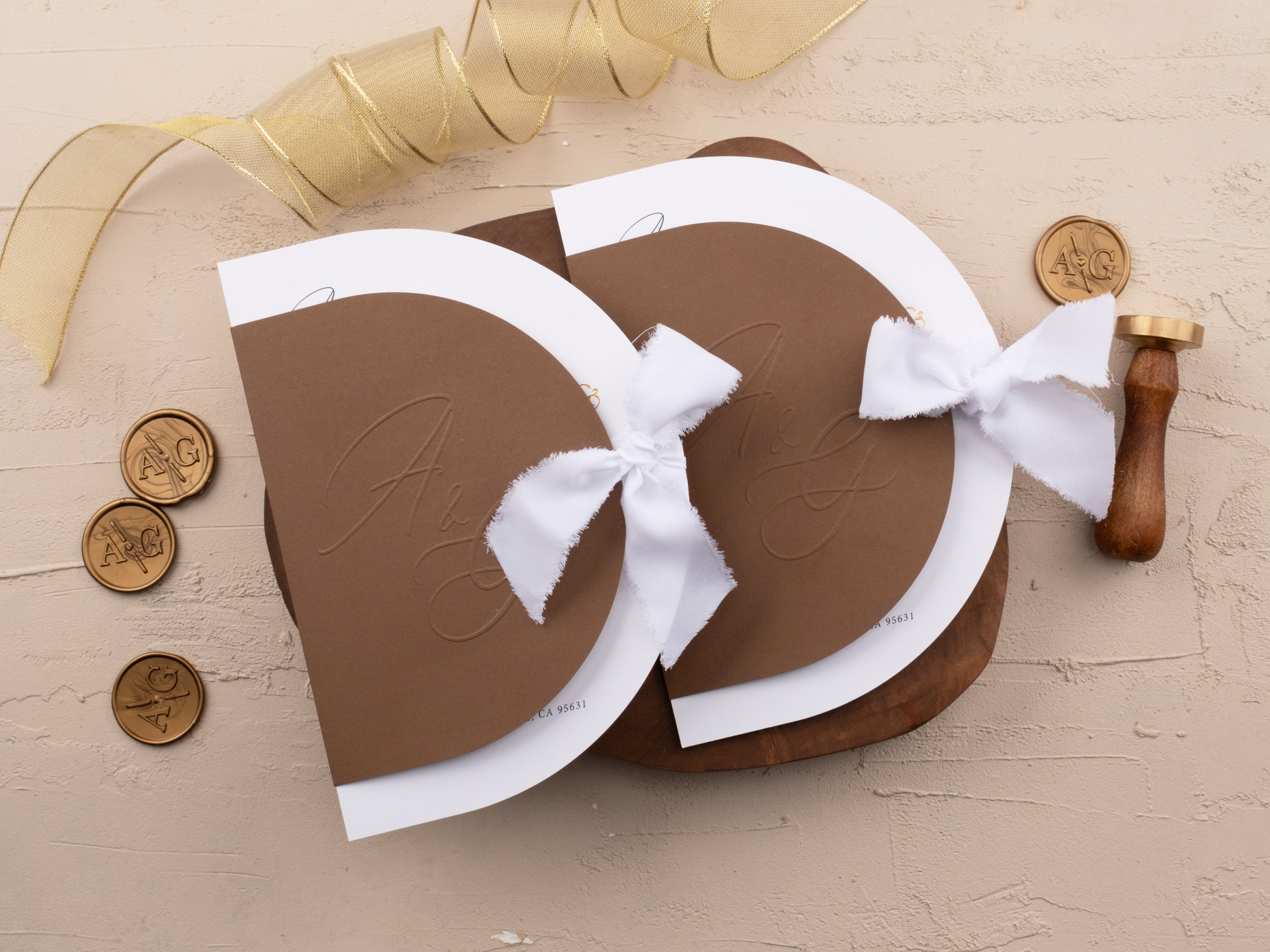 Elegant Gold Foil Wedding Invitation with Brown Jacket & Ribbon