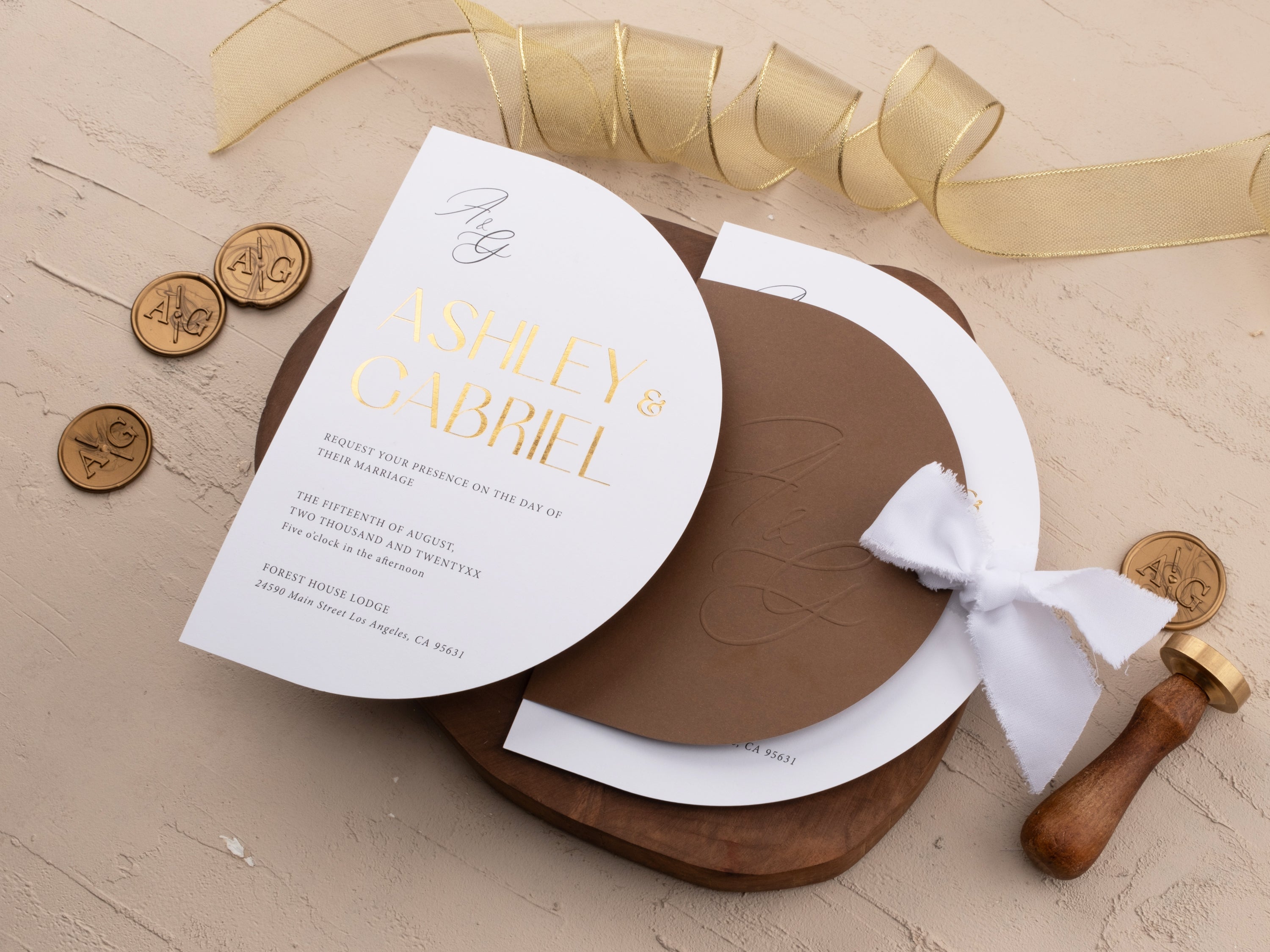 Elegant Gold Foil Wedding Invitation with Brown Jacket & Ribbon