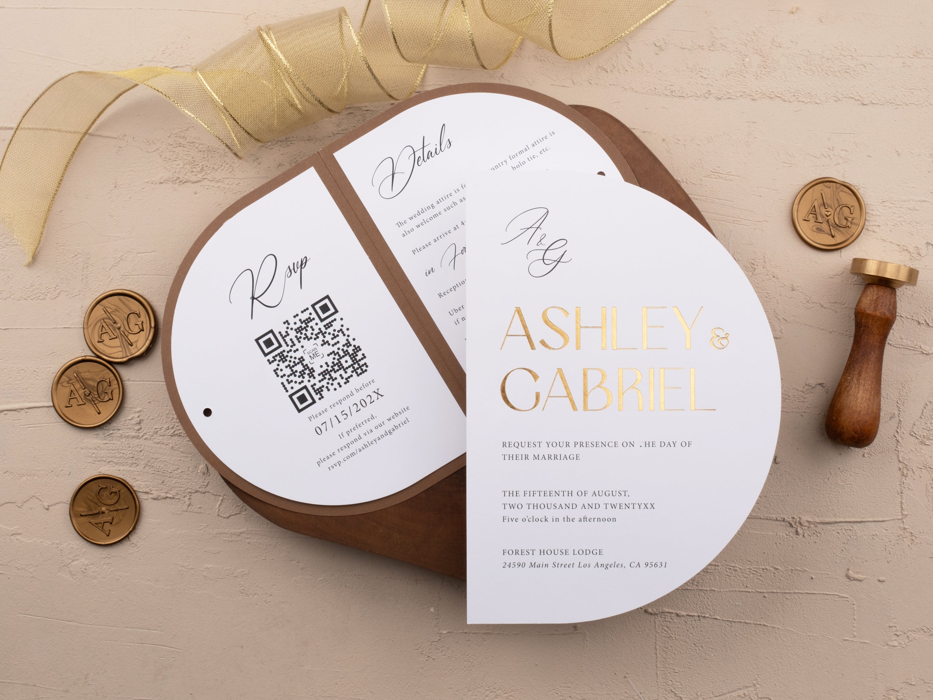 Elegant Gold Foil Wedding Invitation with Brown Jacket & Ribbon