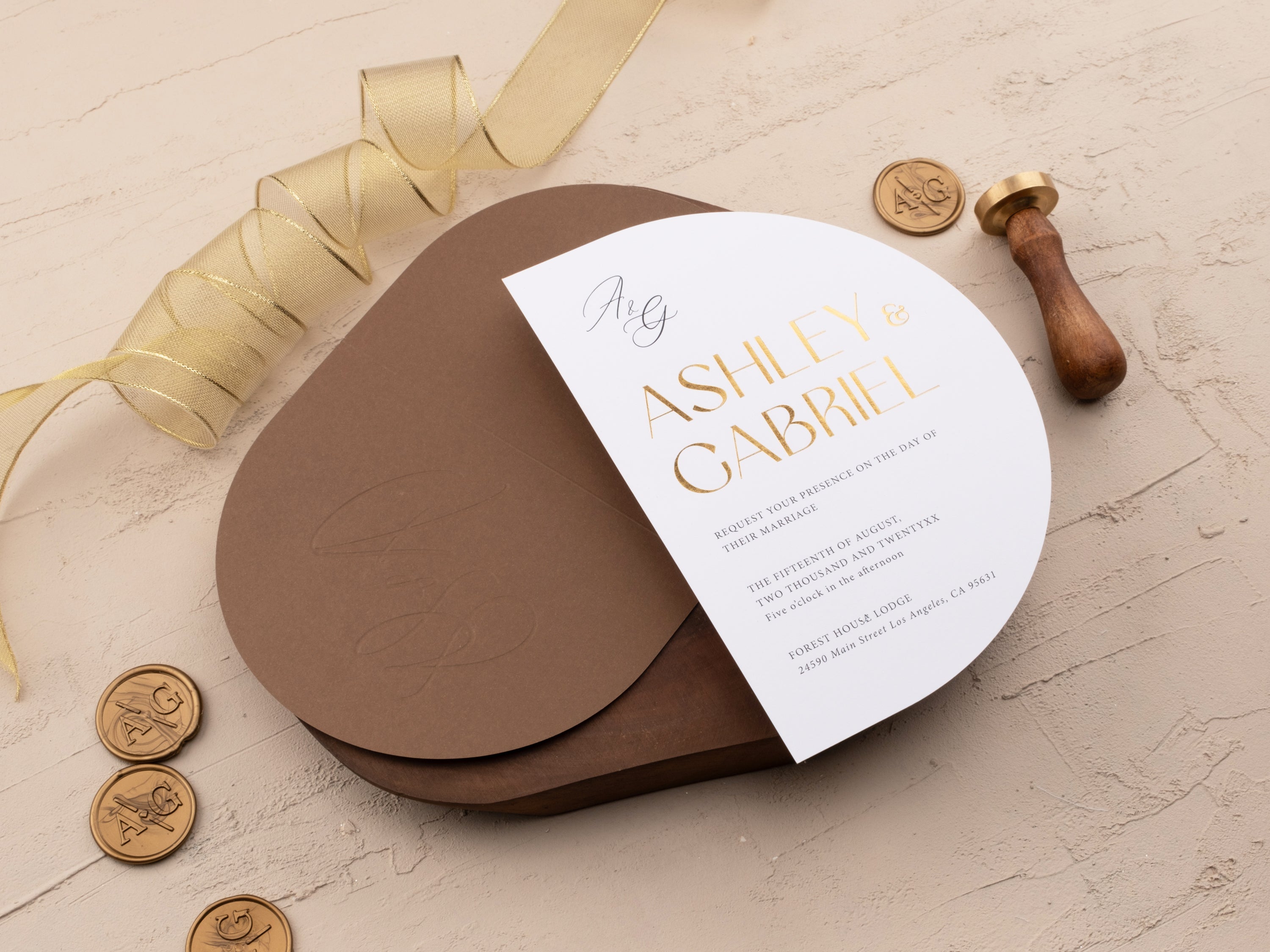 Elegant Gold Foil Wedding Invitation with Brown Jacket & Ribbon