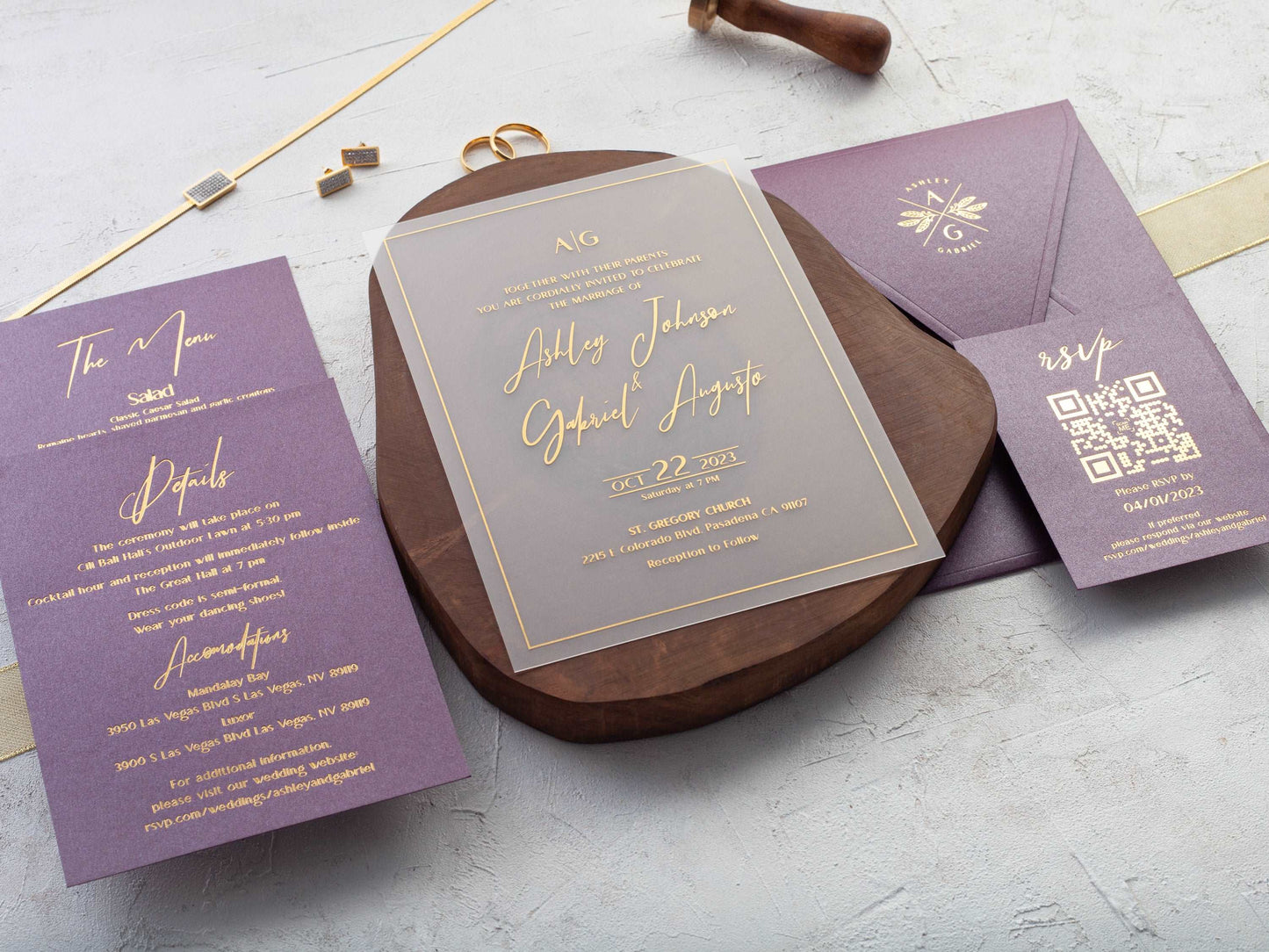 Elegant Gold Foil Printed Acrylic Wedding Invitation with Purple Envelope