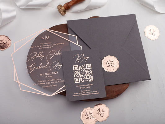 Gray and Rose Gold Acrylic Wedding Invitation