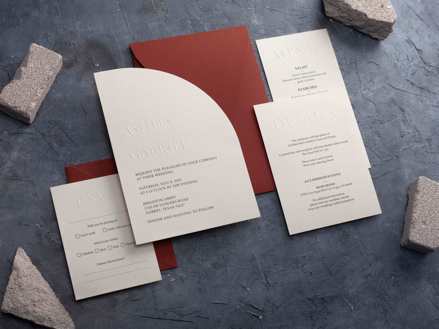 Half Arch Embossed Wedding Invitation with Terracotta Envelope