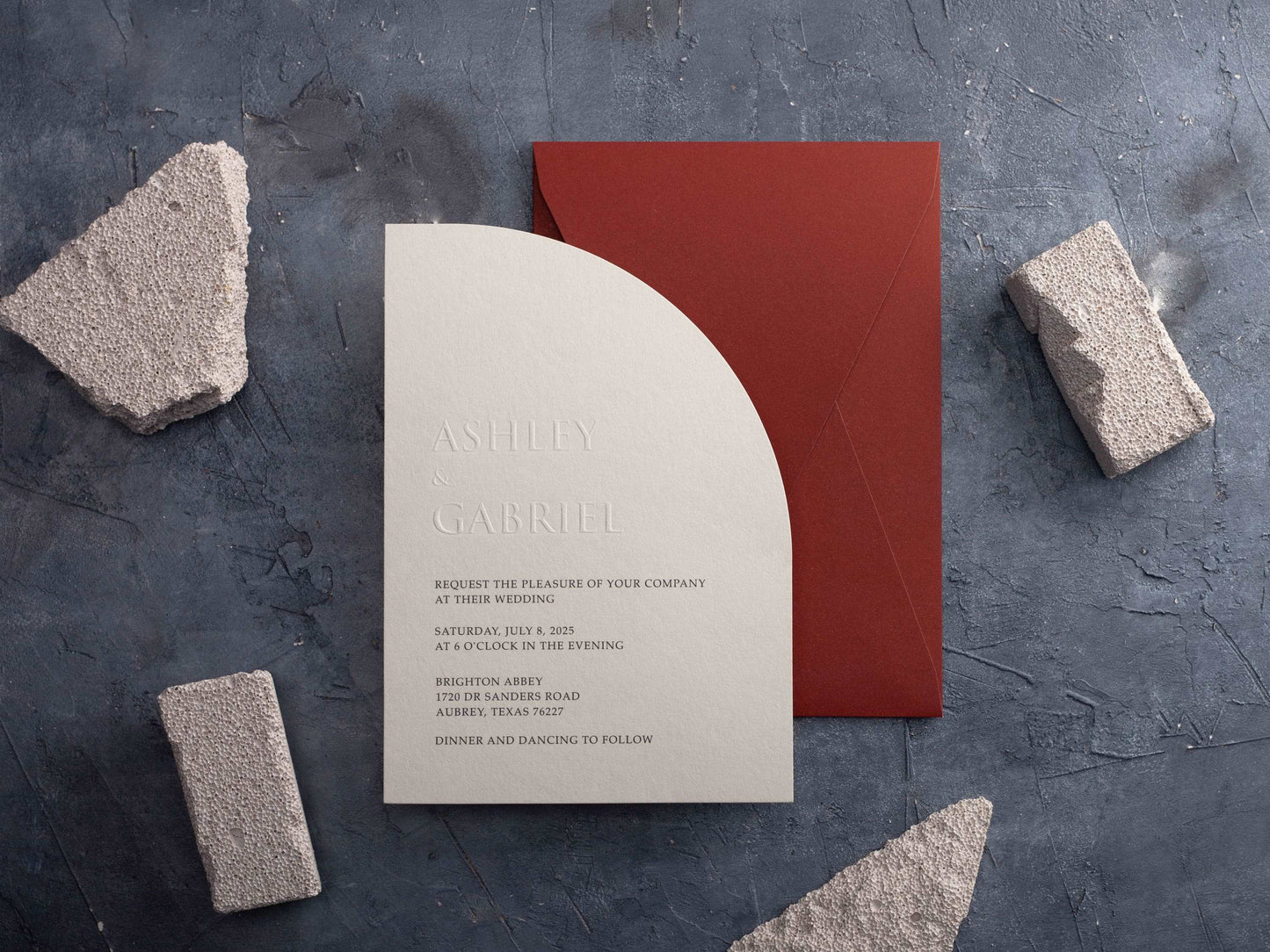 Half Arch Embossed Wedding Invitation with Terracotta Envelope