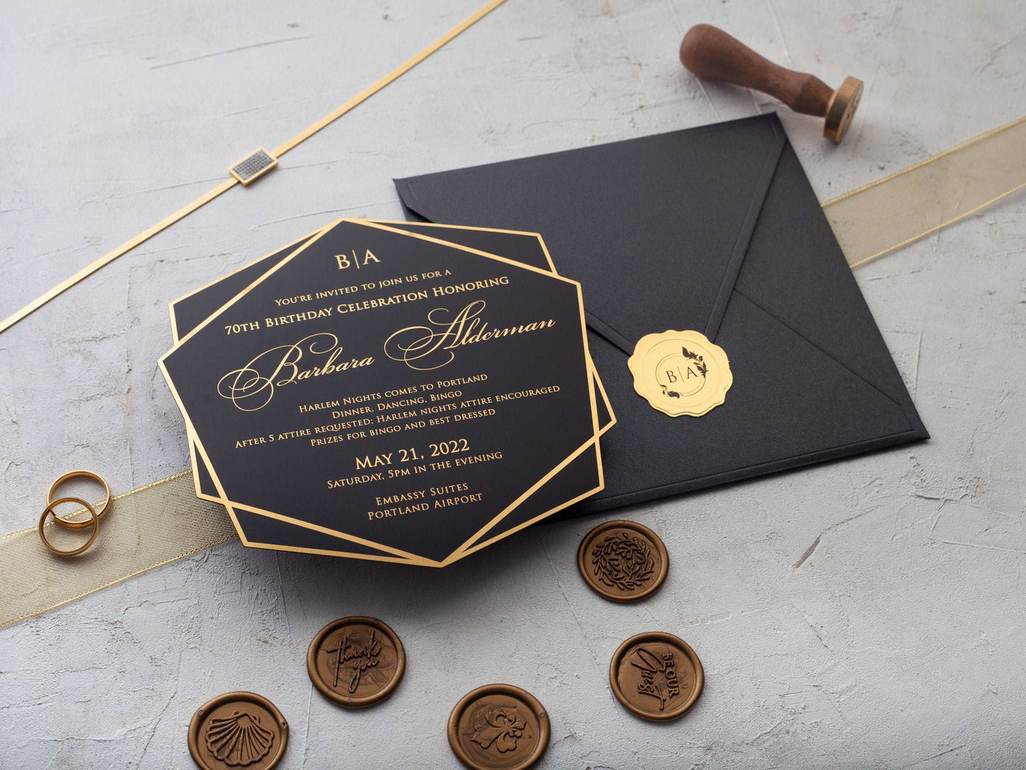 Birthday Invitation, Black and Gold Foil Printed Acrylic Birthday Invitation