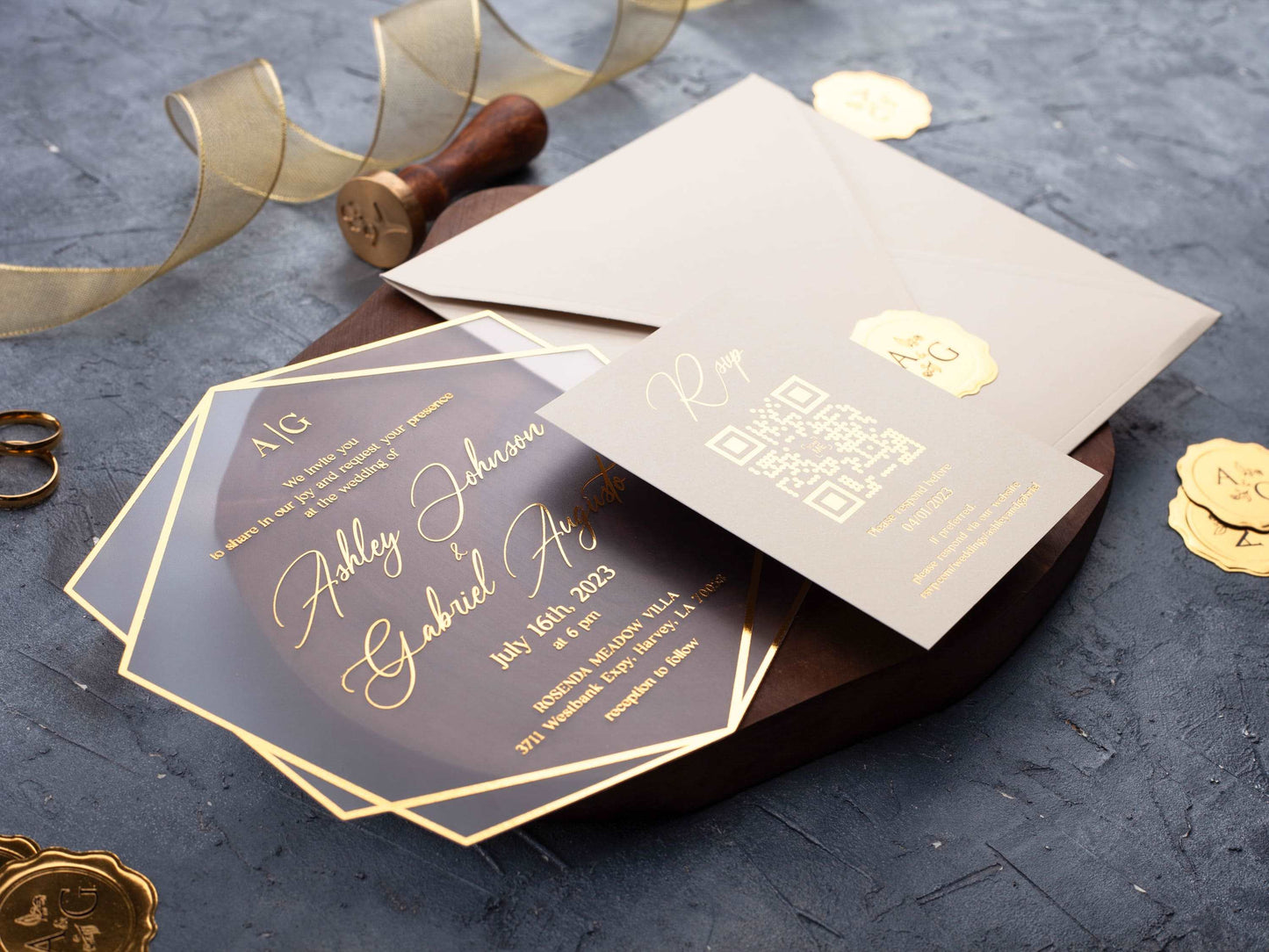 Ivory and Gold Acrylic Wedding Invitation