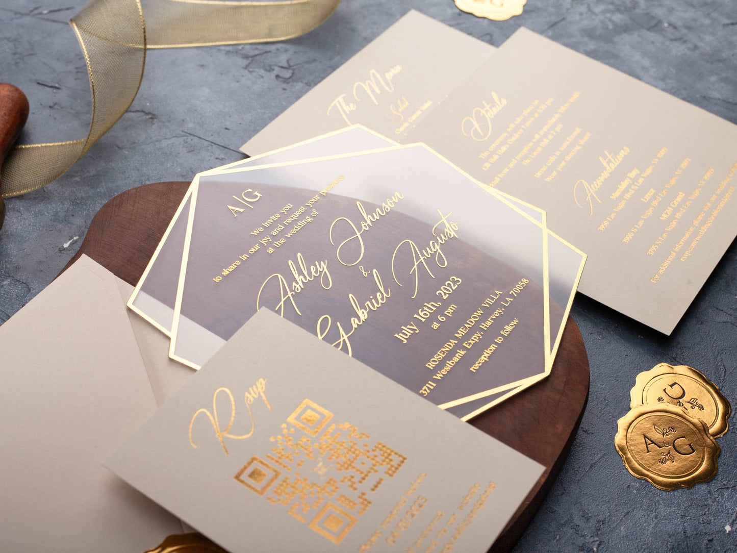 Ivory and Gold Acrylic Wedding Invitation