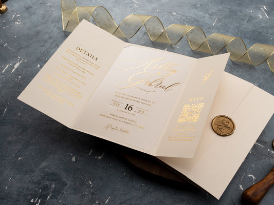 Elegant Ivoy and Gold Foil Gatefold Acrylic Wedding Invitation