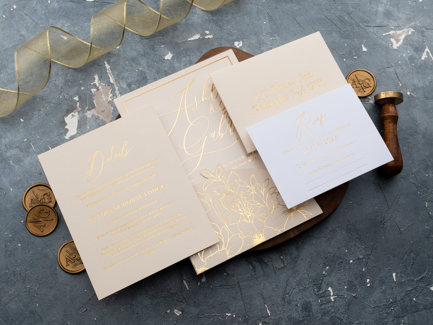 Elegant Ivory and Gold Floral Acrylic Wedding Invitation