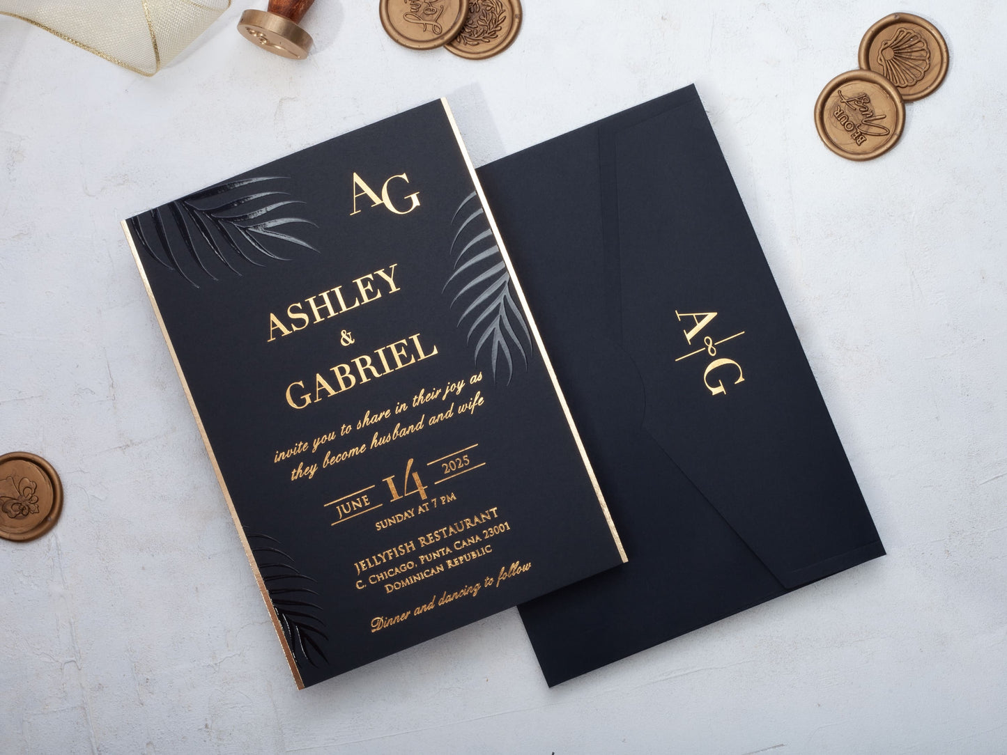 Luxury Black and Gold Wedding Invite with Palm Leaves