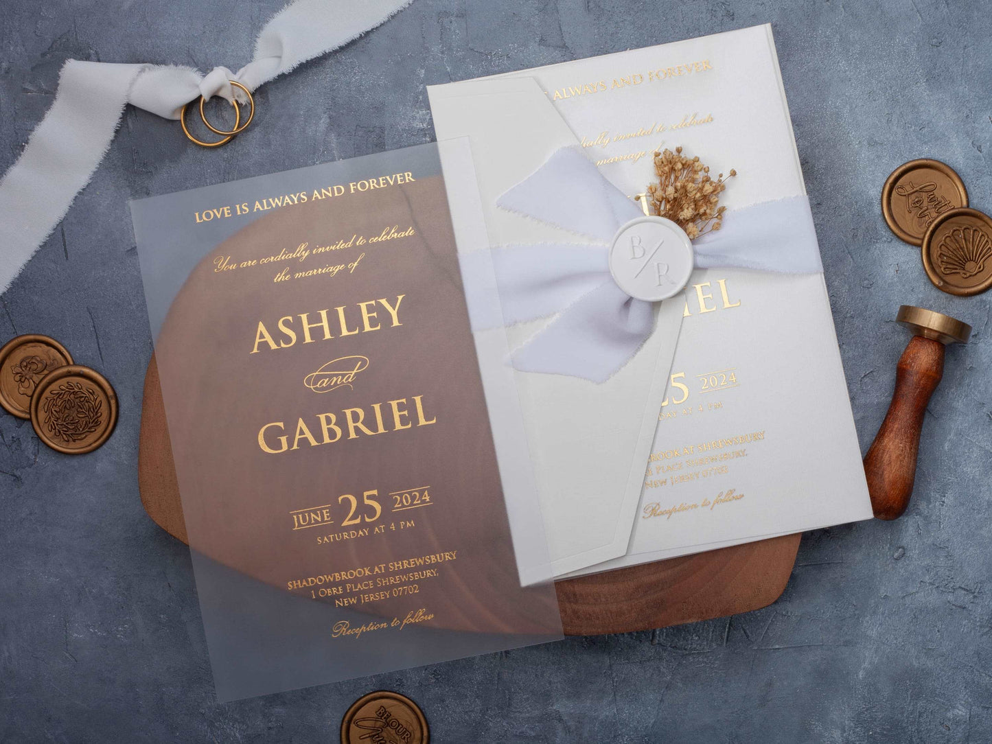 Luxury White and Gold Acrylic Wedding Invitation