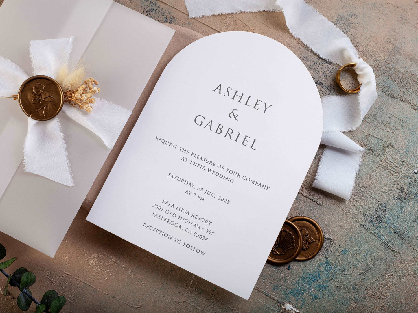 Minimal Arch Wedding Invitation with Vellum Jacket