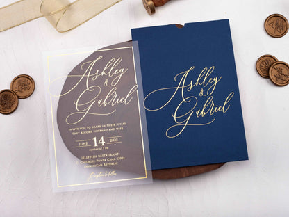 Navy Blue and Gold Acrylic Wedding Invitation