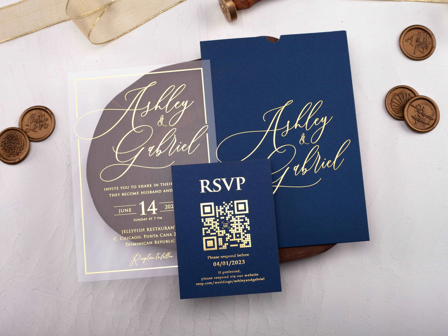 Navy Blue and Gold Acrylic Wedding Invitation