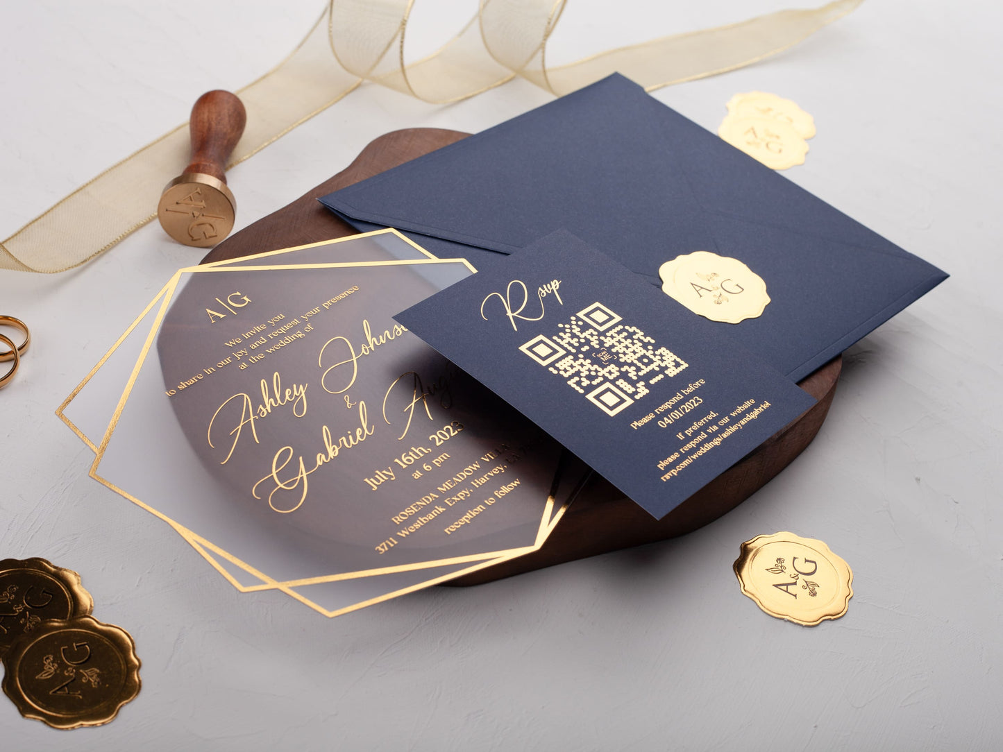 Navy Blue and Gold Acrylic Wedding Invitation