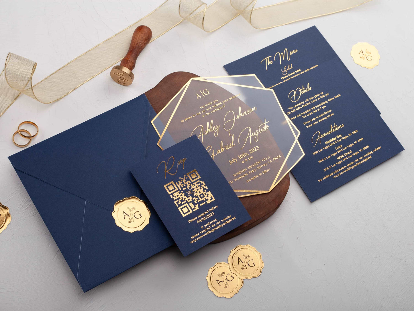 Navy Blue and Gold Acrylic Wedding Invitation